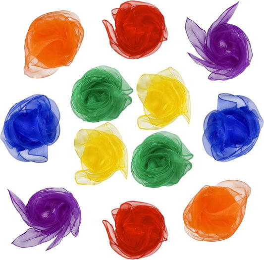 Dance Scarves for Kids 12 Pcs Music Scarves Dance Scarf Play Scarves for Children Movement Square Juggling Silk Tricks Scarves Rhythm Band Scarves(6 Colors,24" X 24")