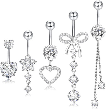 14G Clicker Belly Button Ring, Dangle Belly Button Rings, Surgical Stainless Steel CZ Cute Navel Body Piercing Jewelry for Women, Gold/Silver/Pink