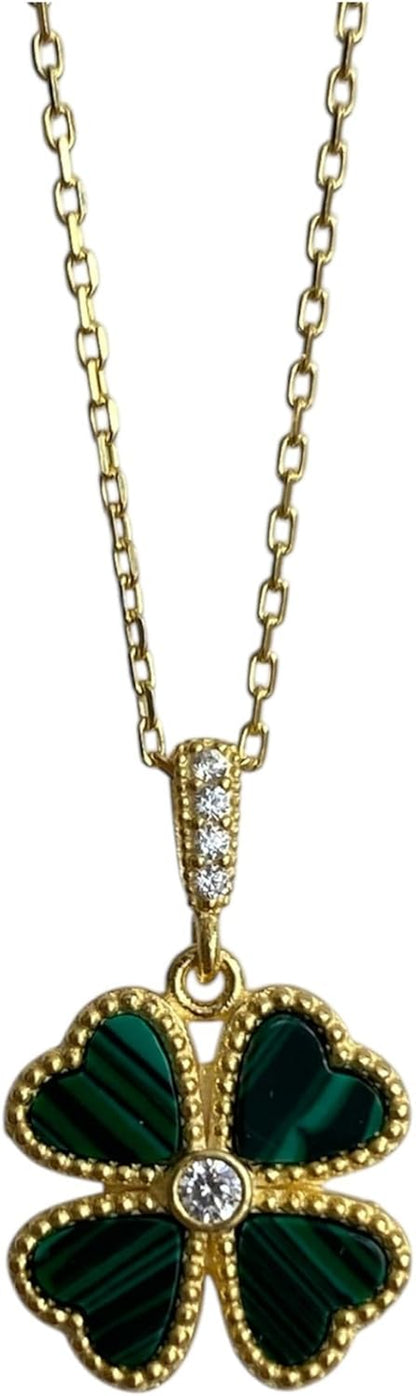 Four Leaf Clover Necklace, Gold-Plated Chain, Malachite Green Hearts, Crystal Center