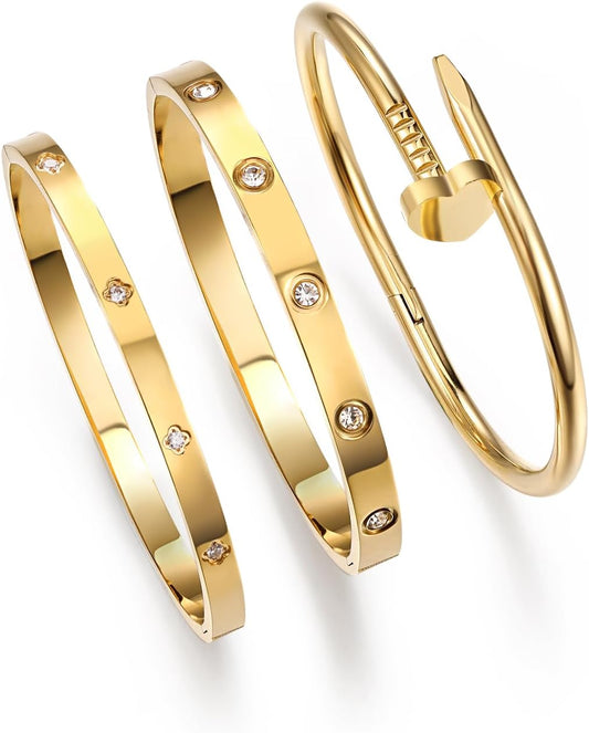 18K Gold Plated Stainless Steel Love Nail Bangle Bracelet Set Stackable Dupes Bangle Set for Love Trendy Jewelry