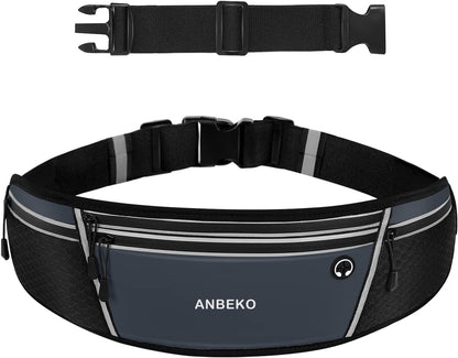 Grey running belt waist pack front view with four pockets