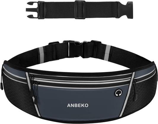 Grey running belt waist pack front view with four pockets