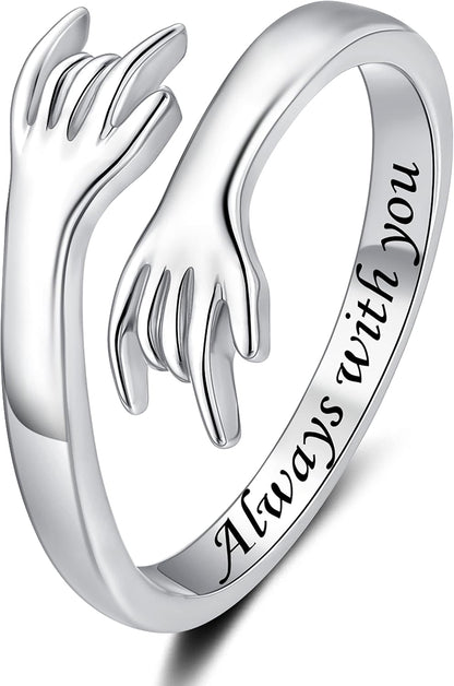 ZOEXUE Hug Rings for Women Sterling Silver - White Gold/18K Gold/Thick and Thin Ring Hugging Rings for Men Rock Hip Pop Hand Band Rings I Love You Forever Hugging Hand Ring Jewelry