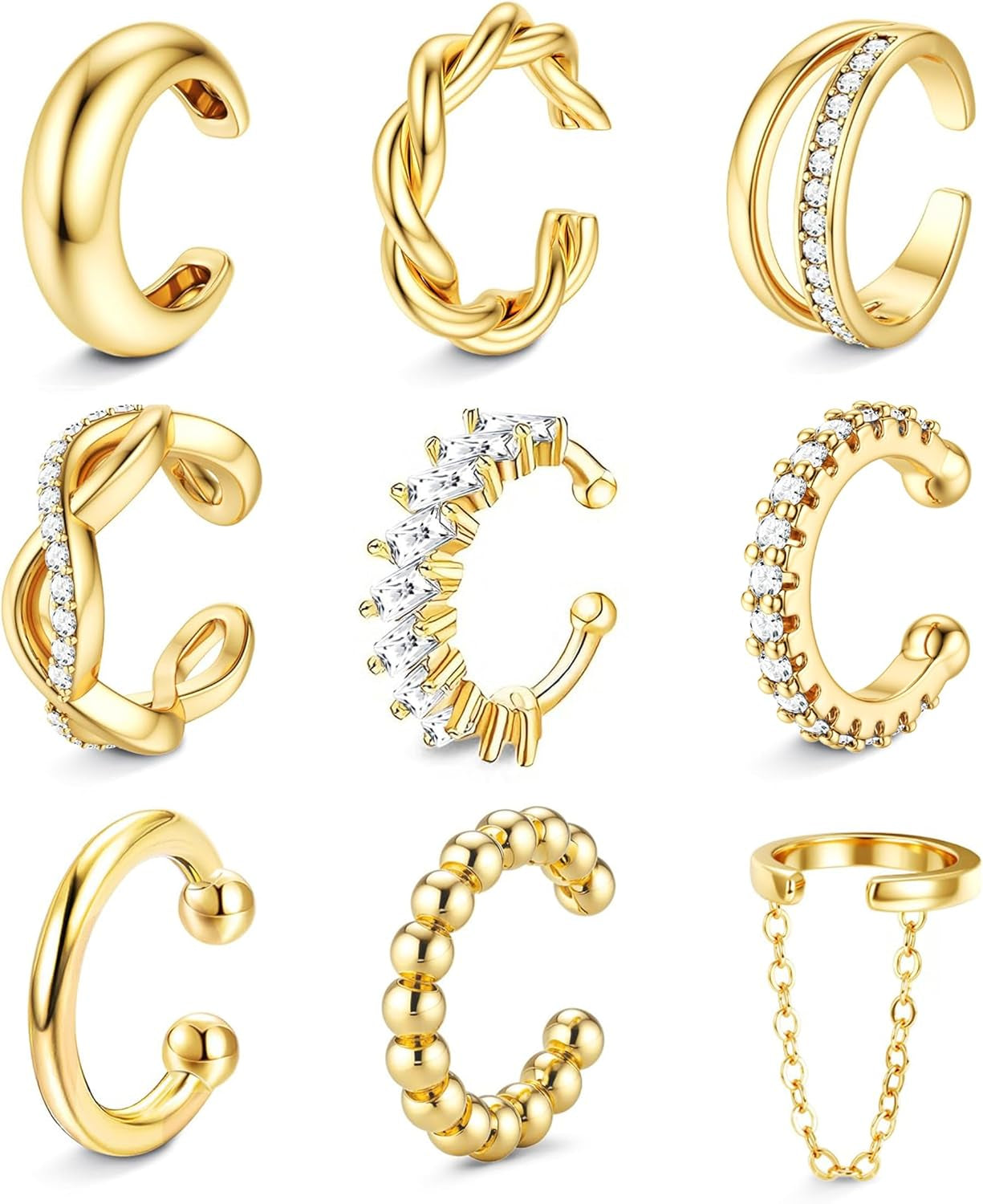 9PCS Ear Cuffs Earrings for Women Non Piercing 14K Gold Plated - Hypoallergenic Adjustable Ear Cuffs Trendy Non Tarnish Clip on Cartilage Fake Earring Stacks Wrap Jewelry