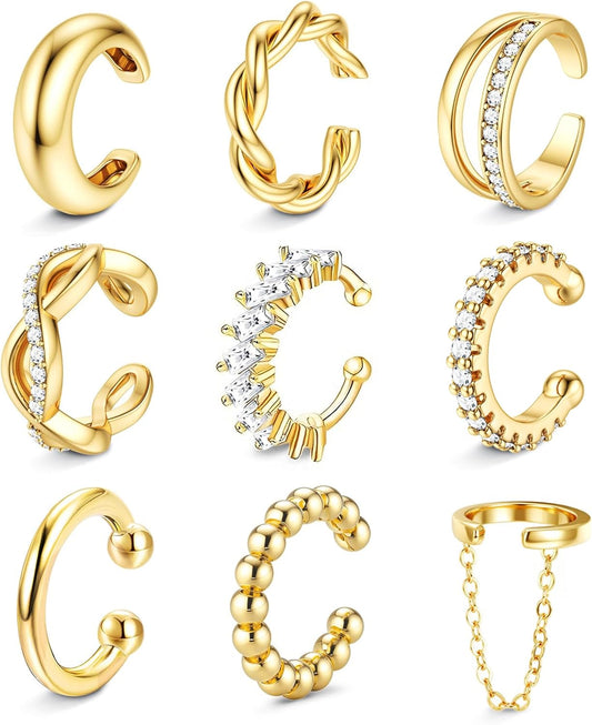 9PCS Ear Cuffs Earrings for Women Non Piercing 14K Gold Plated - Hypoallergenic Adjustable Ear Cuffs Trendy Non Tarnish Clip on Cartilage Fake Earring Stacks Wrap Jewelry
