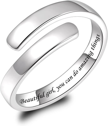 BEILIN 925 Sterling Silver Inspirational Jewelry Rings Adjustable Ring Personality Encouragement Gift for Teens Women
