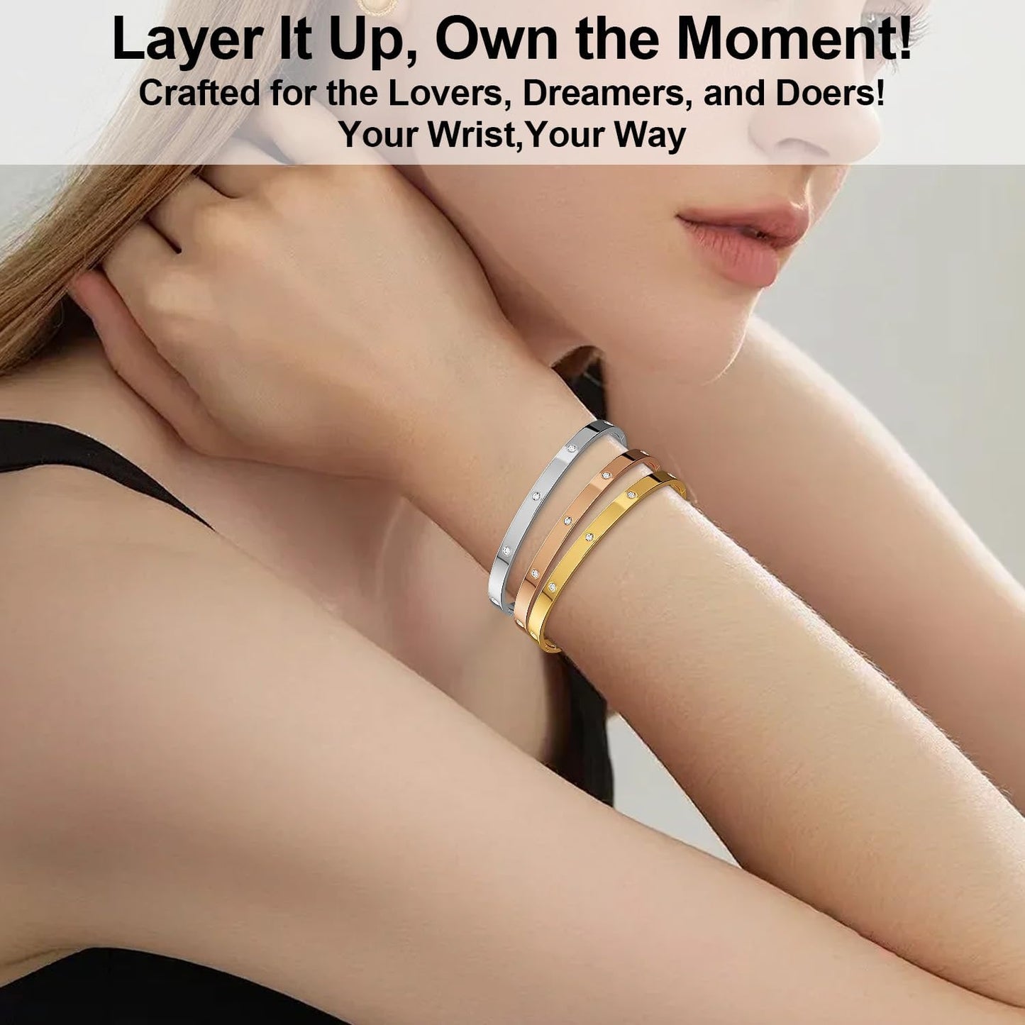 Aicase 18 K Gold Plated Love Bangle Bracelet Dupes Sets(Gold/Rose Gold/Silver) Stack Wide Wristband Bangle Nail Friendship Bracelet Birthday Lovely Trendy Jewelry Gifts for Women Mom Besties