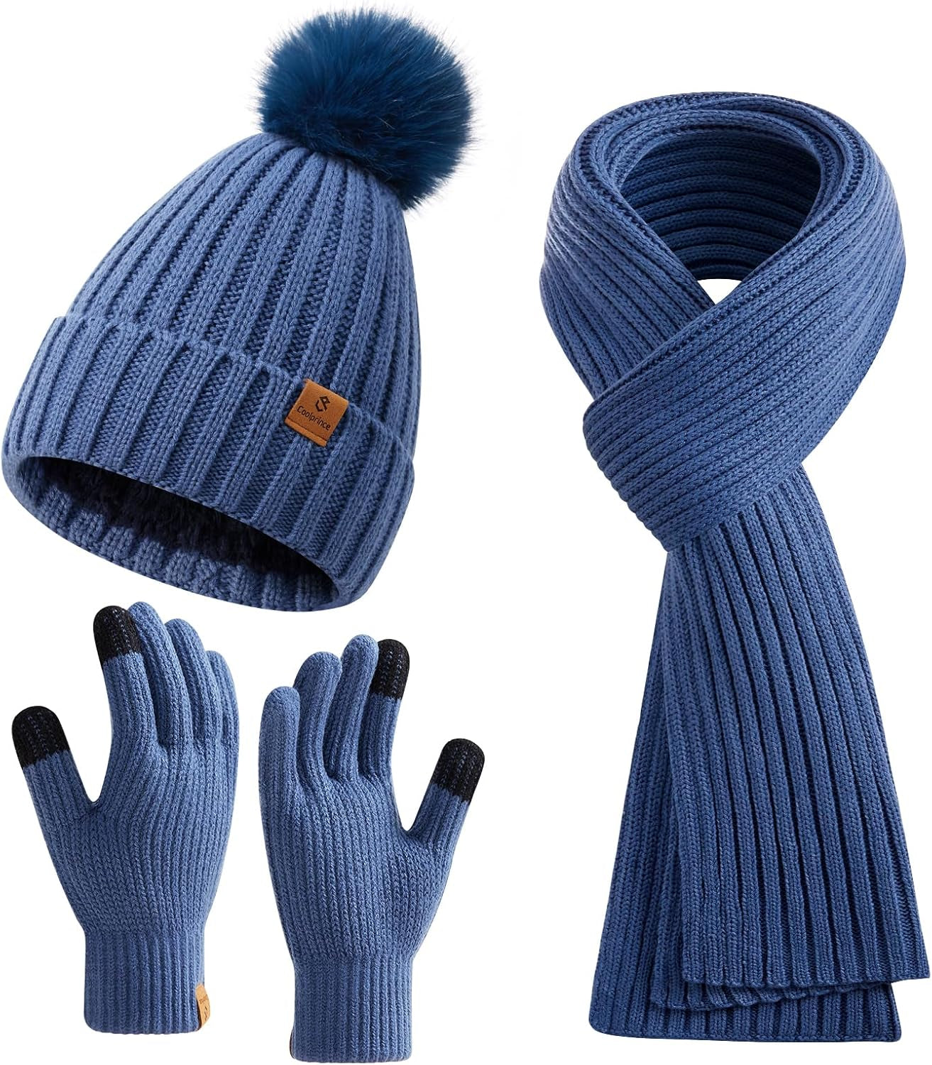 Coolprince Womens Long Scarf Gloves and Hat Set Cold Weather Hat Scarf Glove Set for Women Winter Beanie Hats with Pom Pom