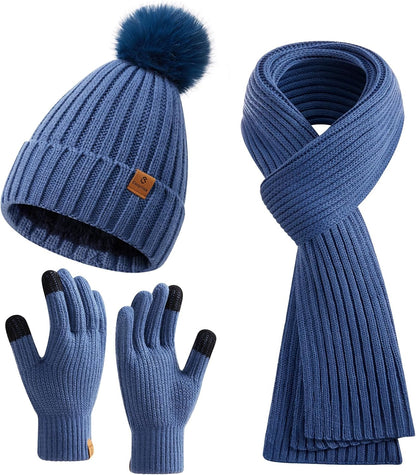 Coolprince Womens Long Scarf Gloves and Hat Set Cold Weather Hat Scarf Glove Set for Women Winter Beanie Hats with Pom Pom