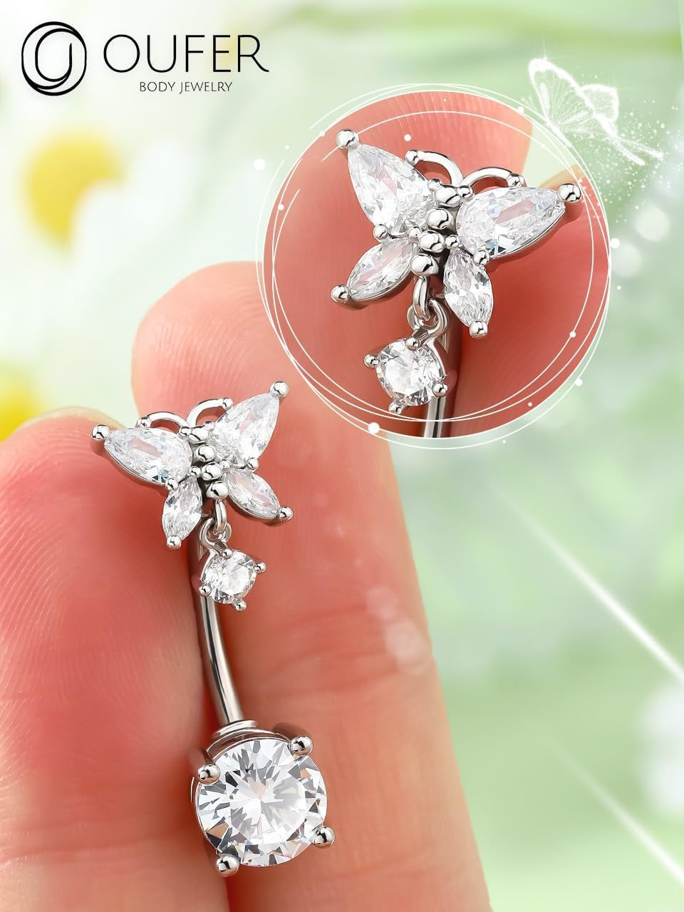 OUFER Belly Button Rings, Butterfly Belly Rings, 316L Surgical Steel Navel Rings, Clear CZ Belly Piercing Jewelry, Dangle Belly Rings for Women Men