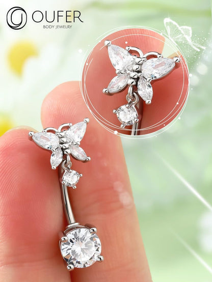 OUFER Belly Button Rings, Butterfly Belly Rings, 316L Surgical Steel Navel Rings, Clear CZ Belly Piercing Jewelry, Dangle Belly Rings for Women Men