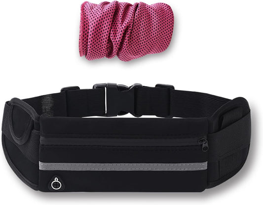 Black waterproof running belt fanny pack with reflective strip