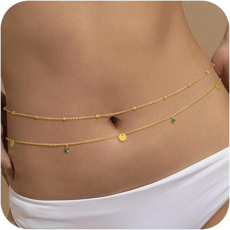 2PCS Gold Silver Waist Chain Adjustable Layered Belly Chain Body Chain Jewelry for Women Sexy Bikini Beach Boho Pearl Beaded Cuban Satellite Waist Chains
