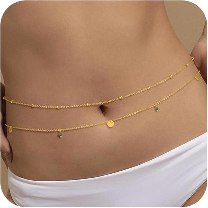 2PCS Gold Silver Waist Chain Adjustable Layered Belly Chain Body Chain Jewelry for Women Sexy Bikini Beach Boho Pearl Beaded Cuban Satellite Waist Chains