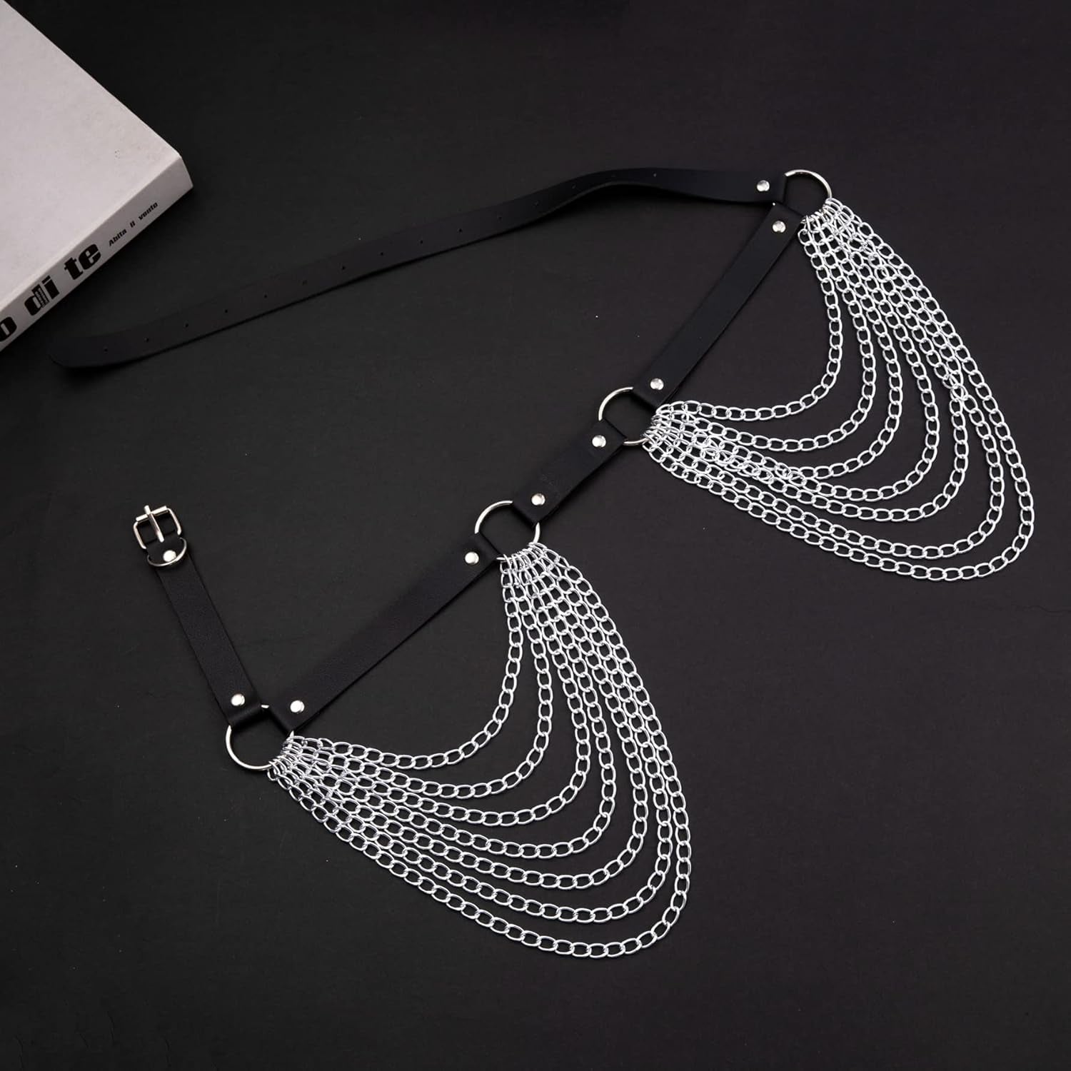 Punk Leather Body Chains for Women Layered Waist Belly Chain Belt Black Chest Chain Gothic Party Rave Body Jewelry