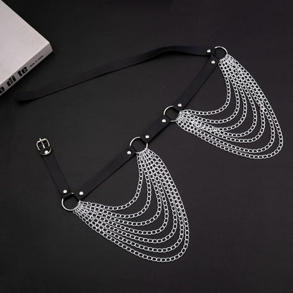 Punk Leather Body Chains for Women Layered Waist Belly Chain Belt Black Chest Chain Gothic Party Rave Body Jewelry