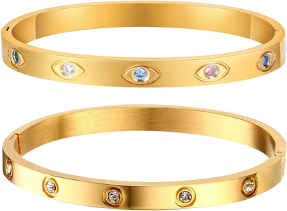 MPRAINBOW Gold Bracelets for Women, 2Pcs 18K Gold Plated Cubic Zirconia Bangle Crystal Friendship Bracelet Jewelry,Wedding Party Christmas Birthday Gifts for Her Girlfriend Sister Daughter