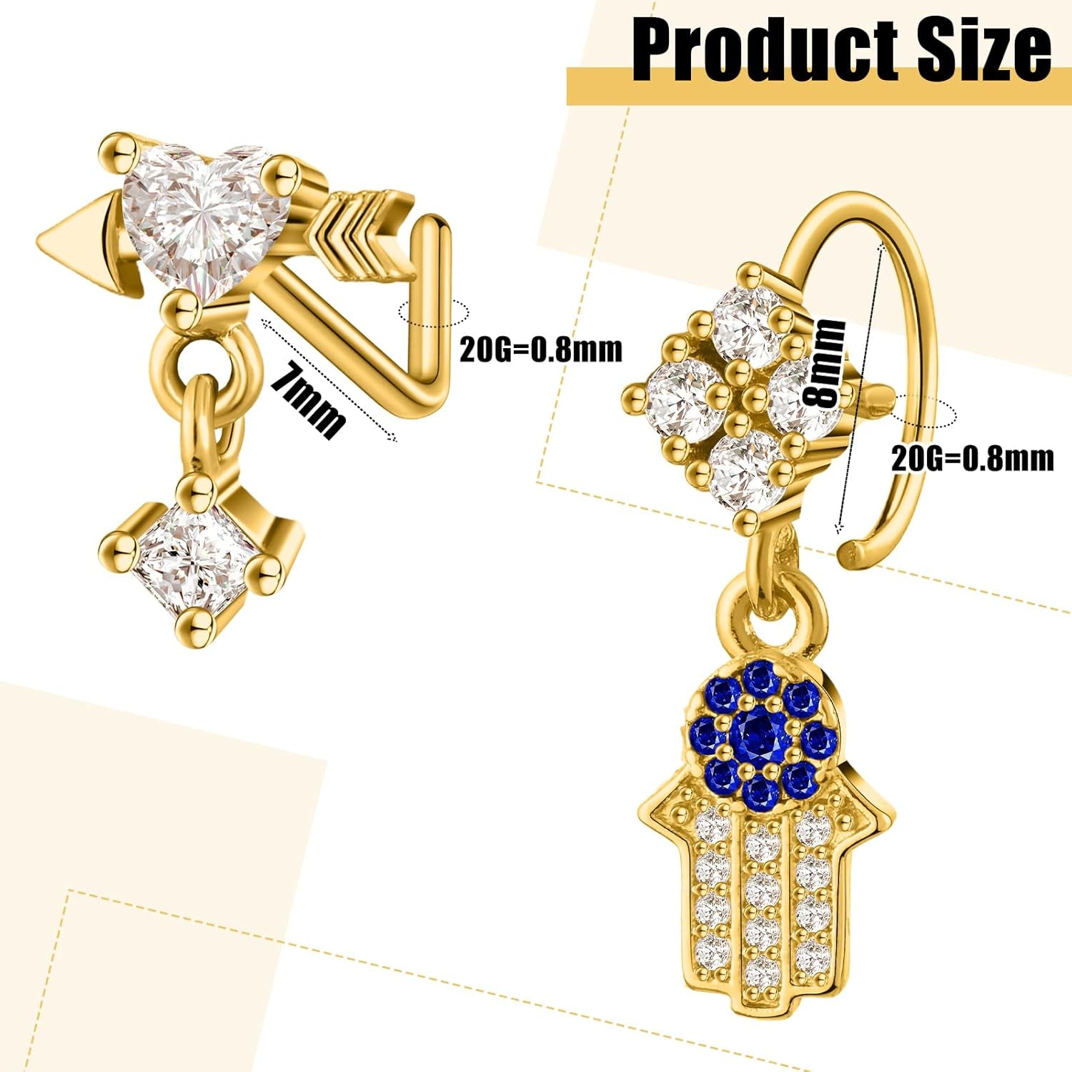 Junkin 18 Pcs 20G Nose Rings Dangle for Women Christmas Nose Rings Gifts L Shaped Stud Hoop Cute Star Heart round Jewelry Dangle Studs Ring for Women Girl Wife Gifts(Gold)