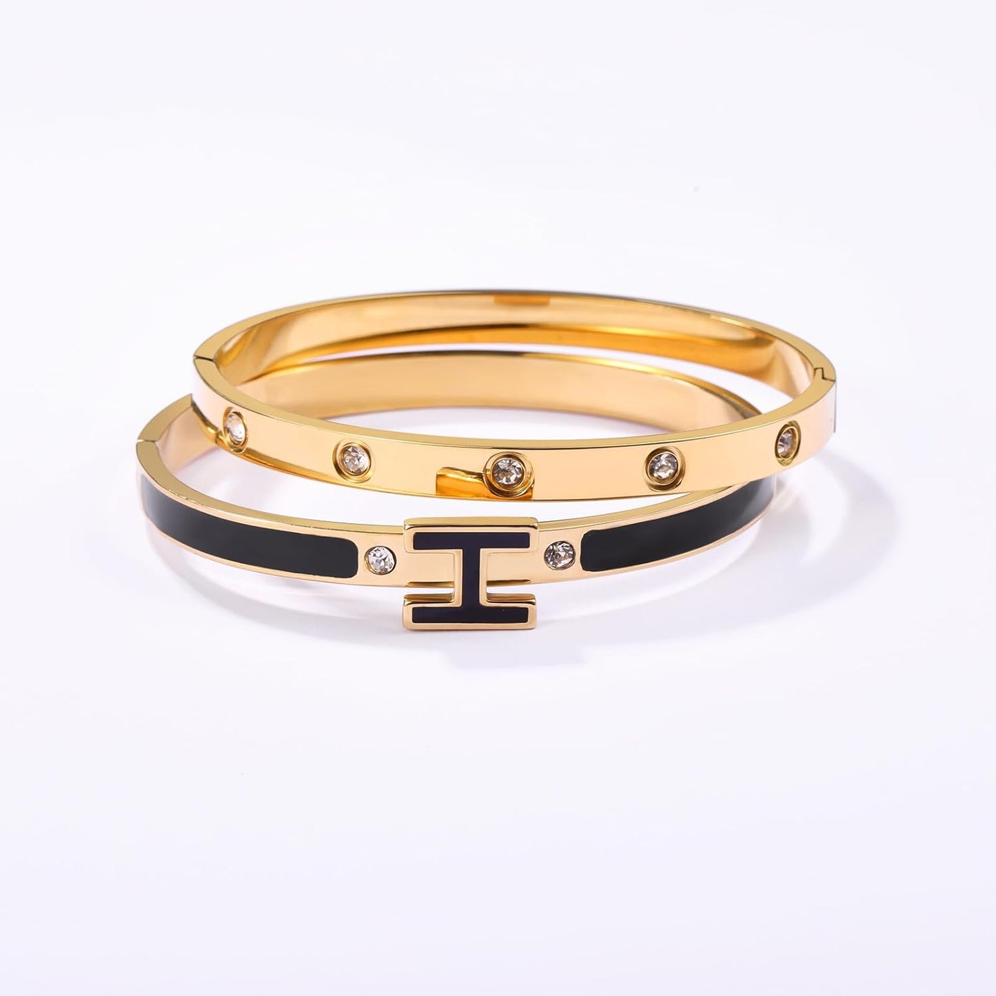 Stackable stainless steel love bangle bracelets in gold tone