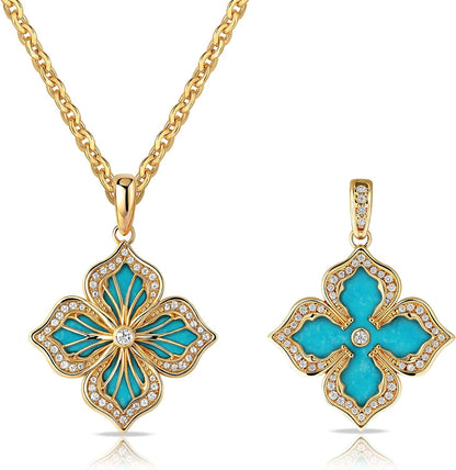 MEVECCO Gold Four Leaf Clover Necklace for Women 14K Gold Plated Clover Pendant Necklace Double Side with Diamond Vintage Filigree Flower Necklace Gift