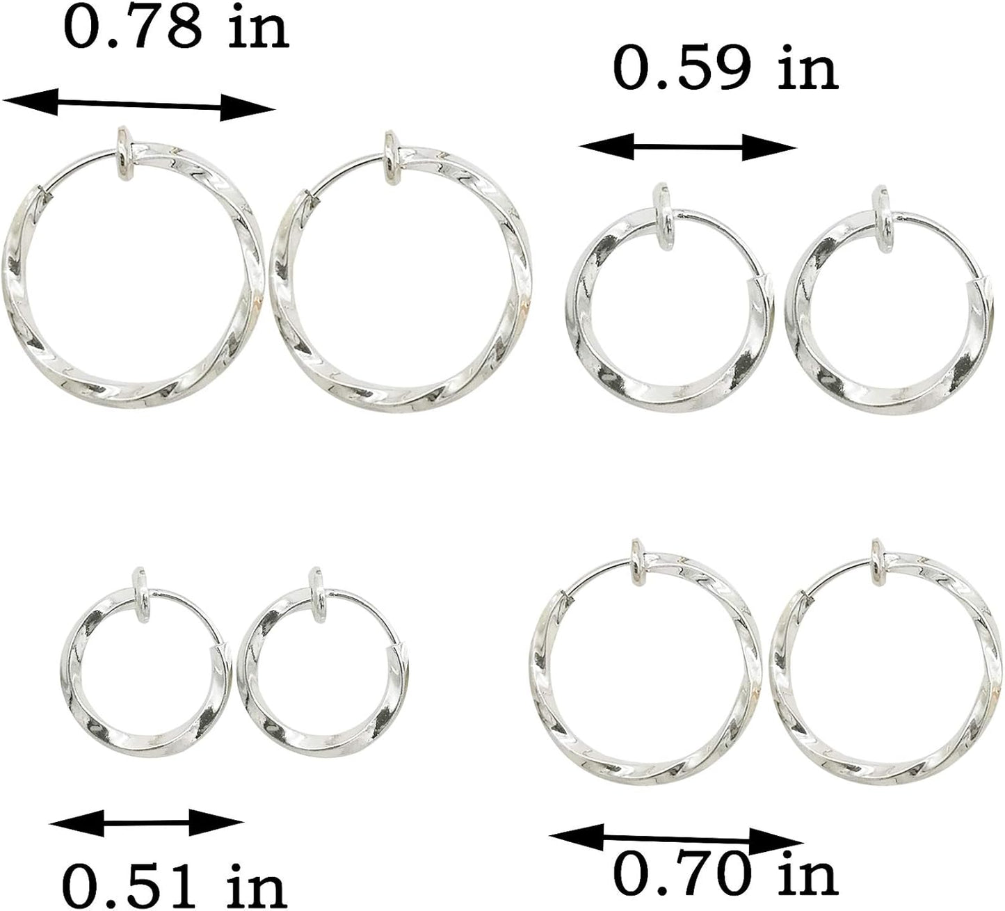 LAXPICOL Twisted Clip on Earrings 4PCS Different Size Gold Silver Grey Rose Gold Tone 0.51IN/0.59IN/0.70IN/0.78IN Stainless Hoop Earrings for Women No Piercing