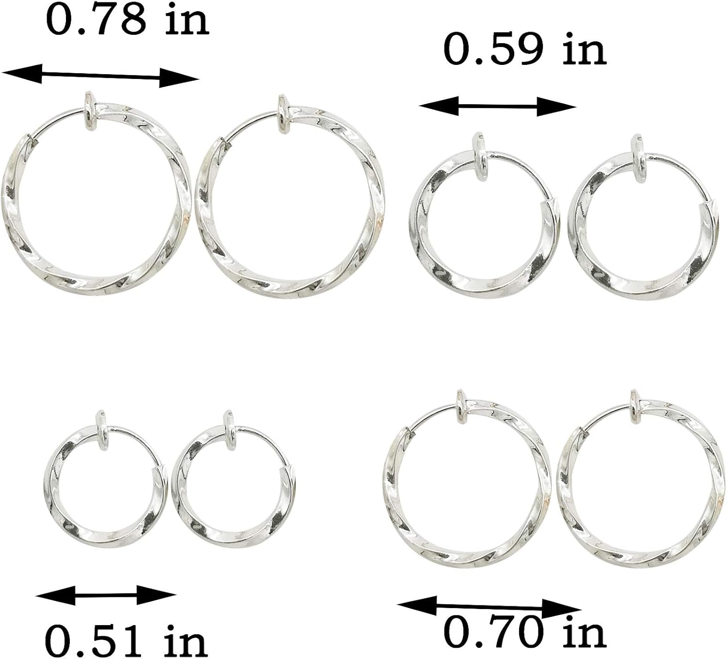 LAXPICOL Twisted Clip on Earrings 4PCS Different Size Gold Silver Grey Rose Gold Tone 0.51IN/0.59IN/0.70IN/0.78IN Stainless Hoop Earrings for Women No Piercing