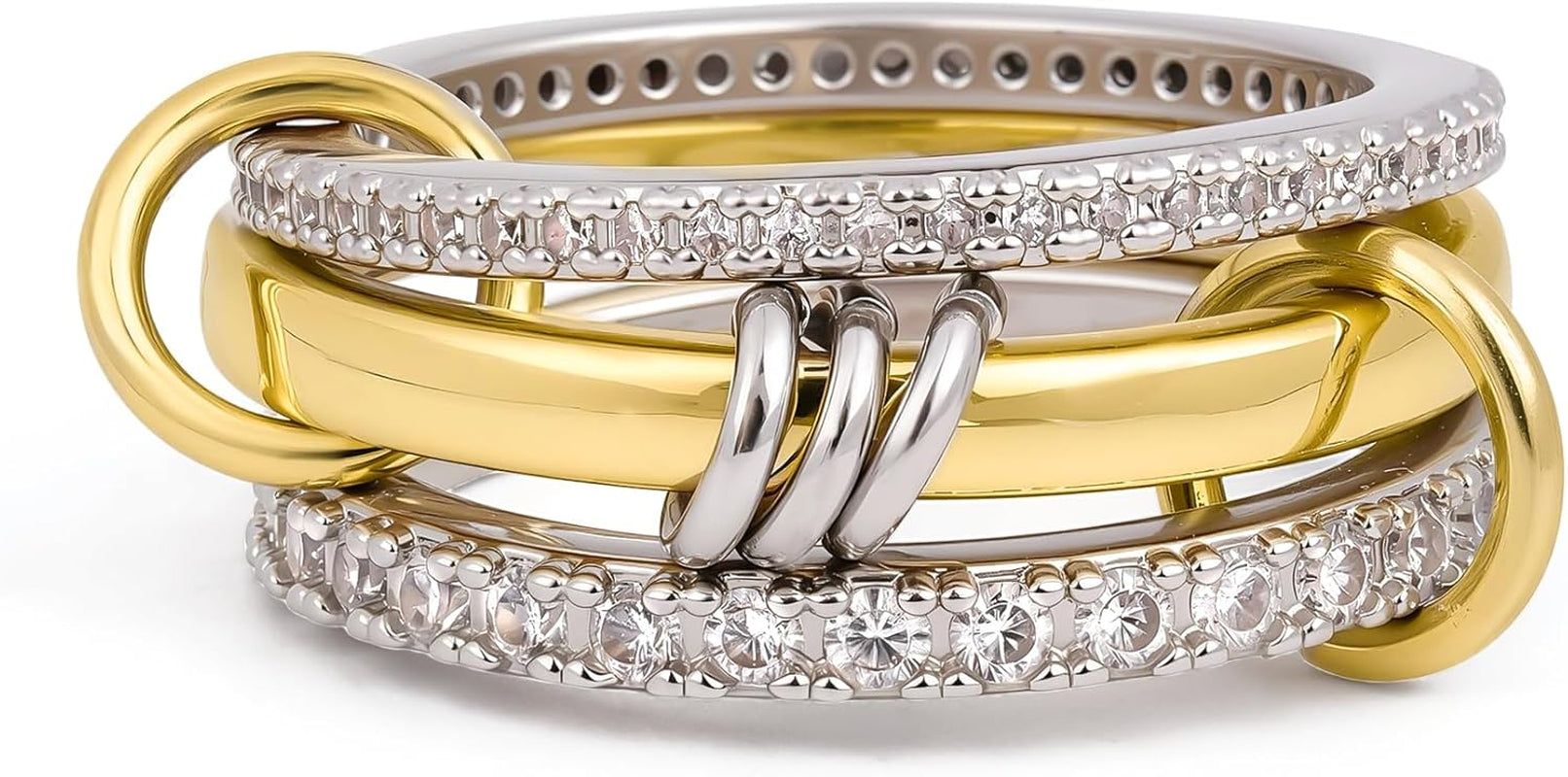 18K Gold Plated Stackable Rings for Women Non Tarnish, 3 Rings Interlocking Ring Stack Set with Cubic Zirconia, Dainty Statement Connected Mixed Metal Ring Band for Women