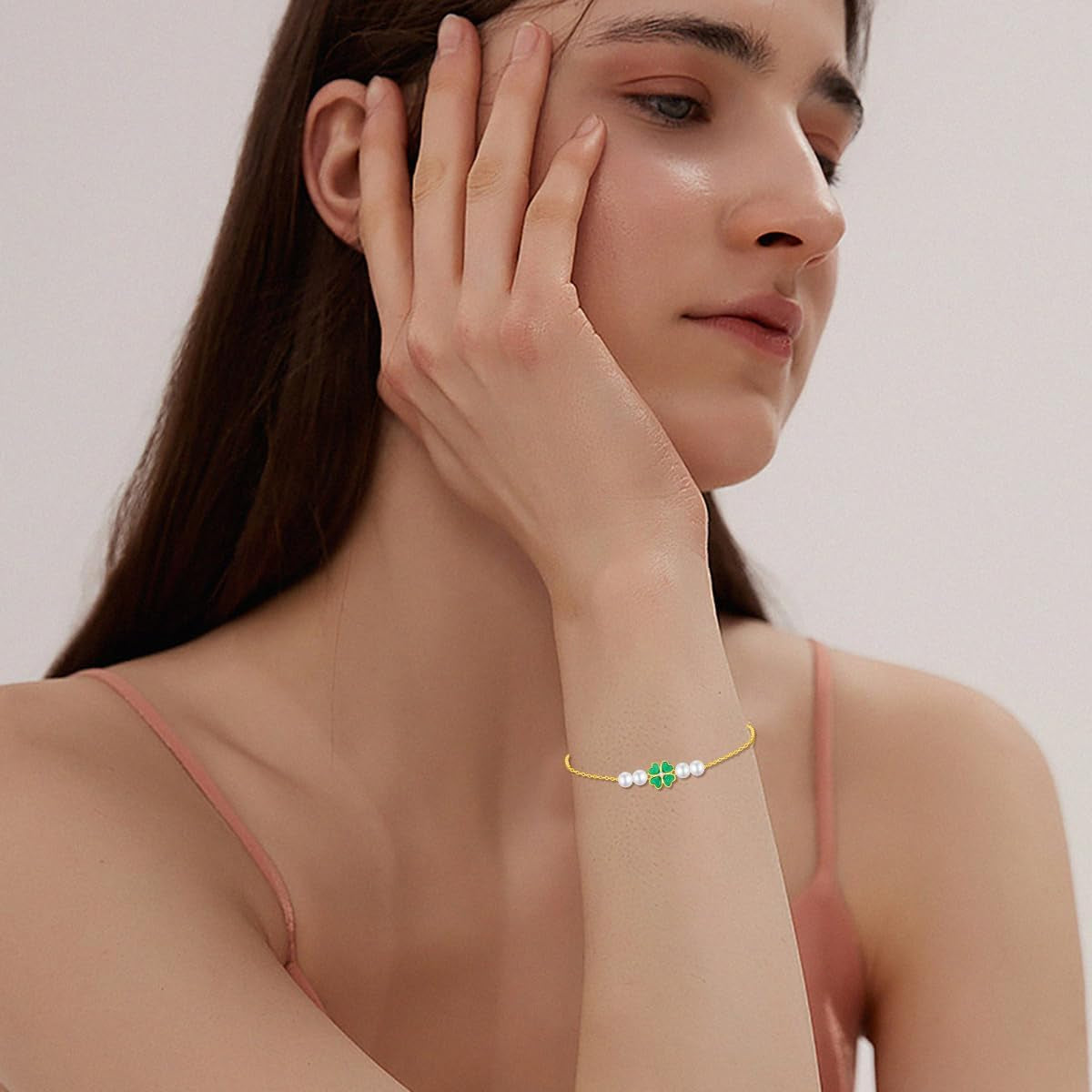 SISGEM 14K Gold Pearl Four Clover Bracelet and Earrings for Women, Lucky Jewekry Gifts for Her