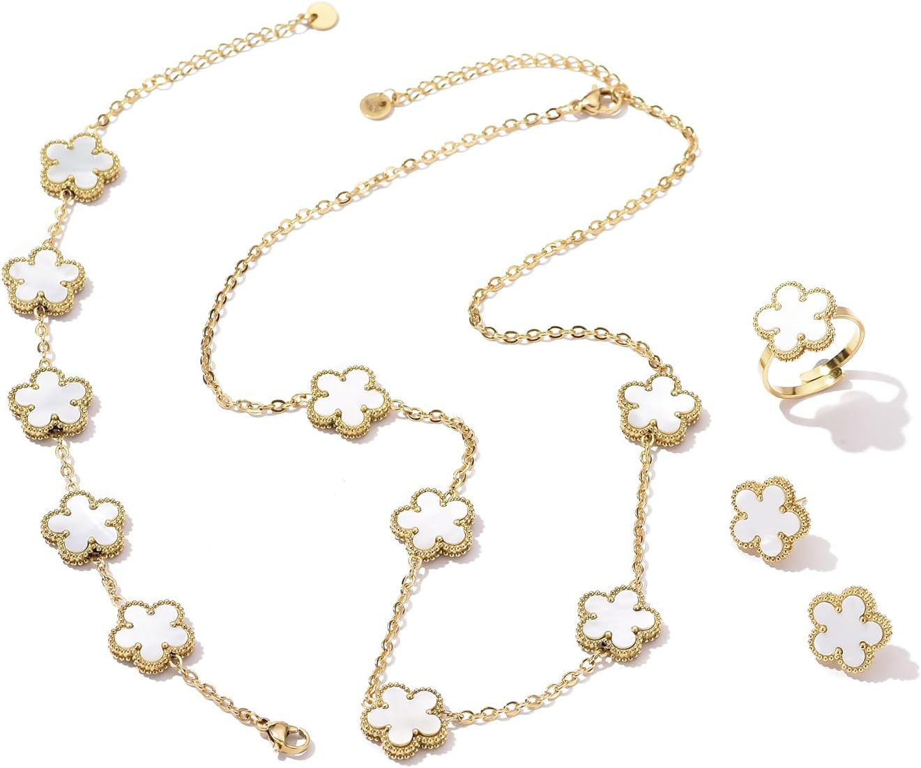 14K Gold Plated Double Sided Clover Bracelet Earring Necklace Rings Clover Sets for Women Lucky Jewelry