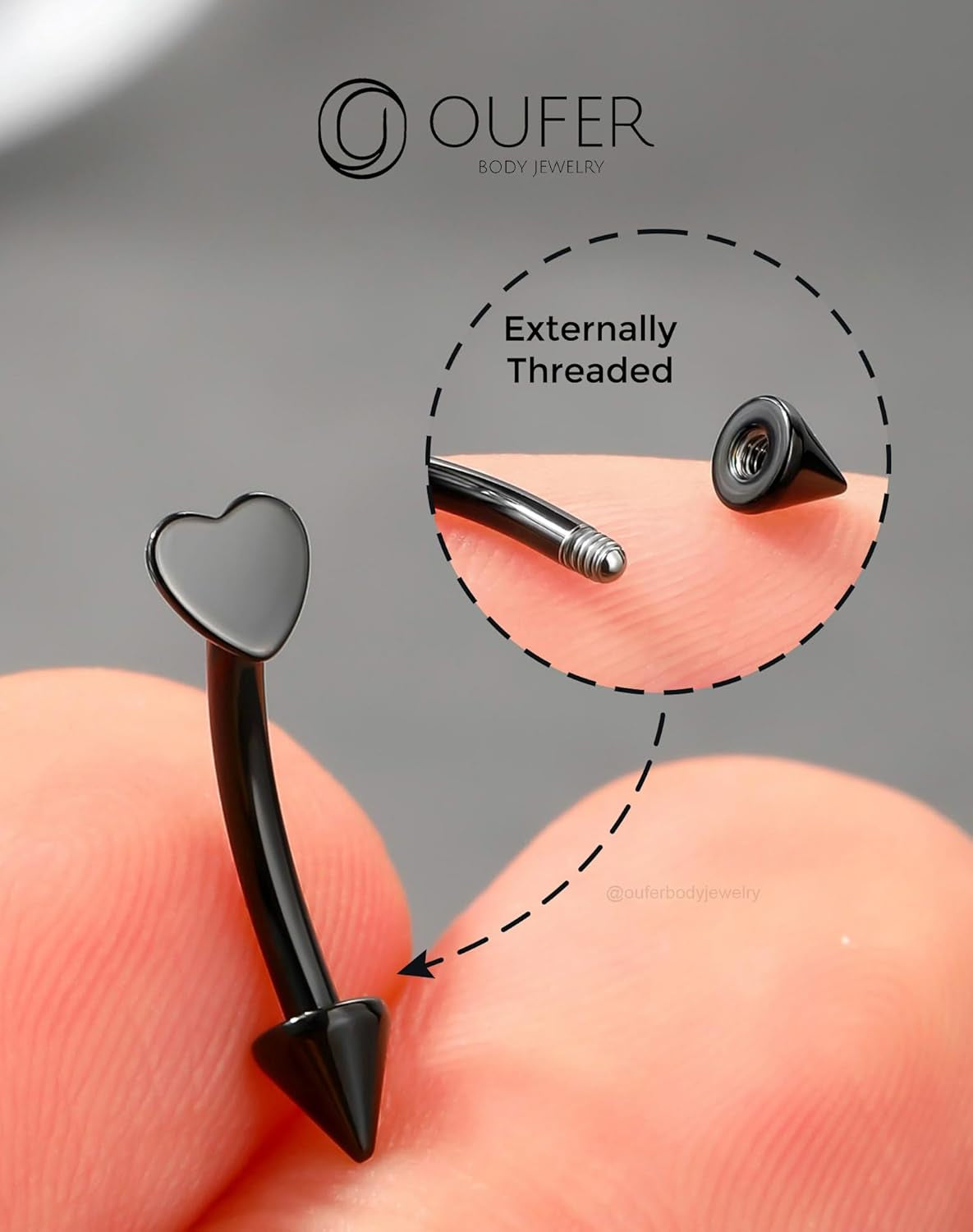 OUFER Rook Piercing Jewelry, G23 Solid Titanium Eyebrow Rings, Heart Vertical Labret Lip Jewelry, 16G Curved Barbells, Daith Rook Earrings for Women Men