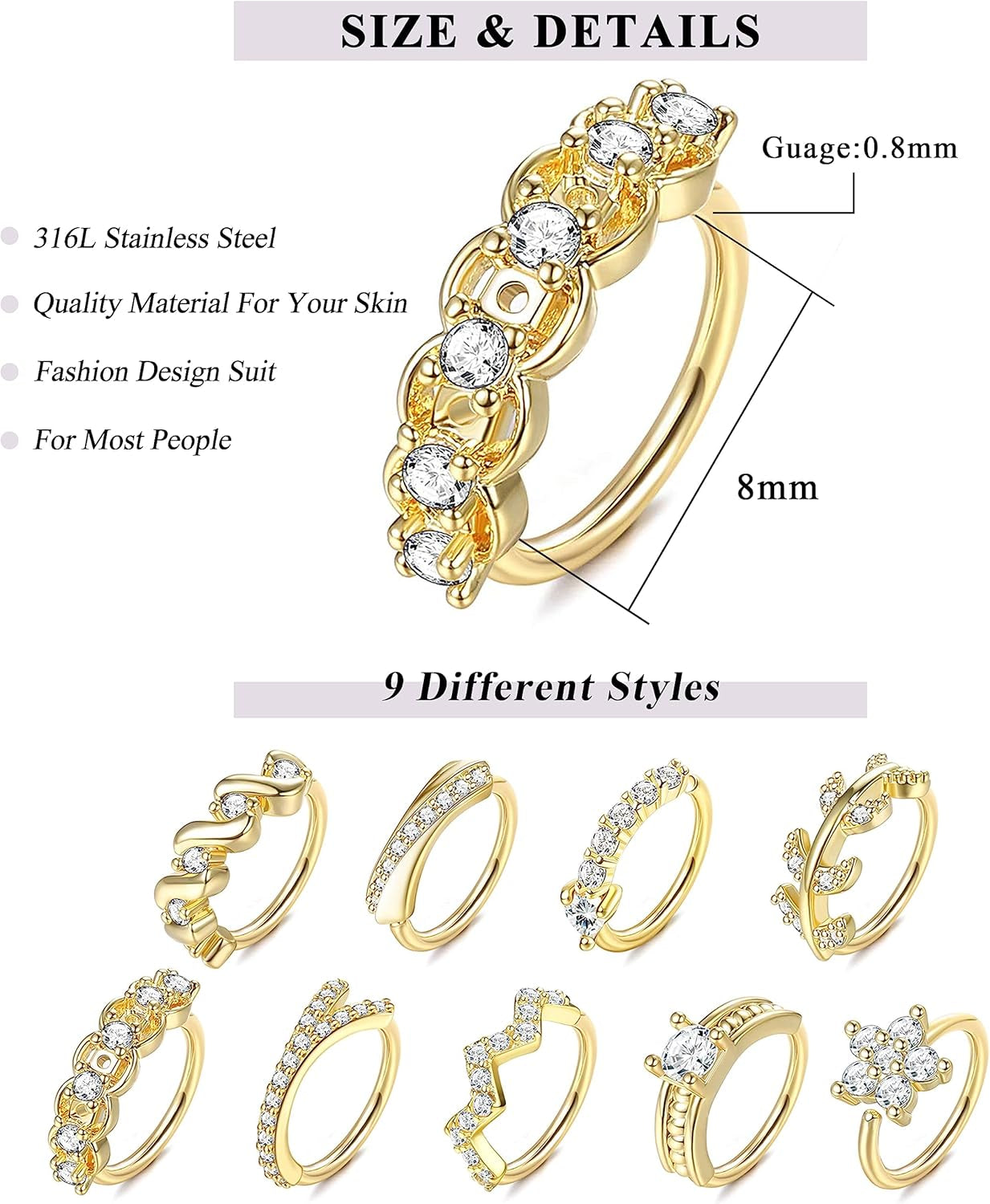 UBGICIG 9Pcs 20G Stainless Steel Nose Rings Hoop for Women Men Paved CZ Cute Cartilage Helix Earrings Body Piercing for Nose Ear Gold Silver