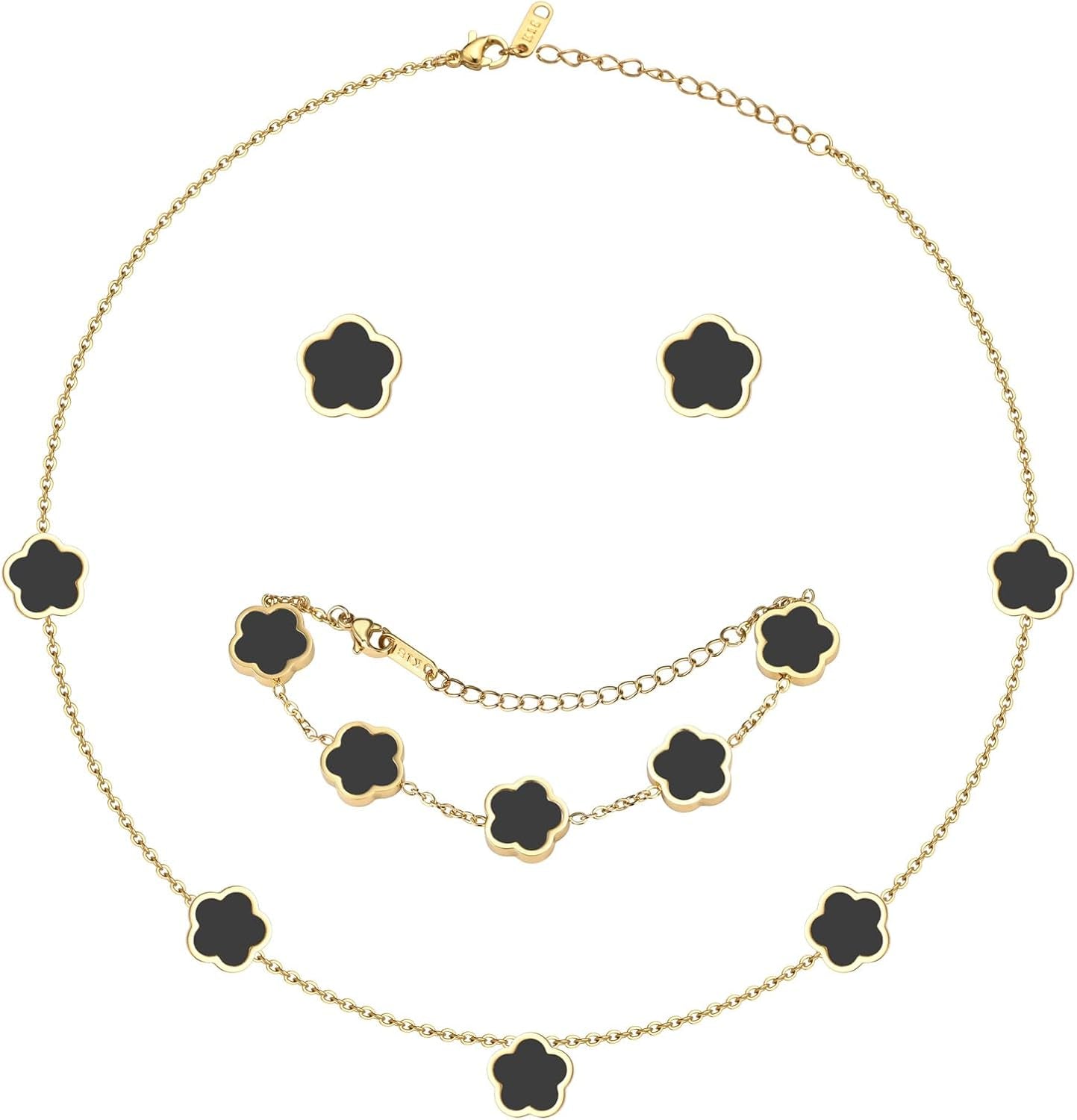 Double-Sided Clover Jewelry Set - 18K Gold Plated Flower Design Five Leaf Clover Bracelet Pendant Necklace and Stud Earrings for Women.Lucky Gifts for Mom Wife Daughter Friends