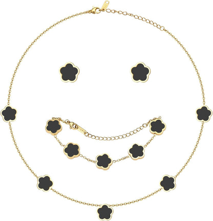 Double-Sided Clover Jewelry Set - 18K Gold Plated Flower Design Five Leaf Clover Bracelet Pendant Necklace and Stud Earrings for Women.Lucky Gifts for Mom Wife Daughter Friends