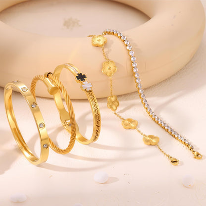 5Pcs Gold Stackable Bracelet Set for Women - Stainless Steel Non-Tarnish Clover Lucky Charm Jewelry, Trendy Gift for Girlfriend/Wife on Christmas Valentine’S Birthday