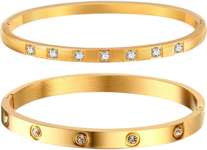 MPRAINBOW Gold Bracelets for Women, 2Pcs 18K Gold Plated Cubic Zirconia Bangle Crystal Friendship Bracelet Jewelry,Wedding Party Christmas Birthday Gifts for Her Girlfriend Sister Daughter