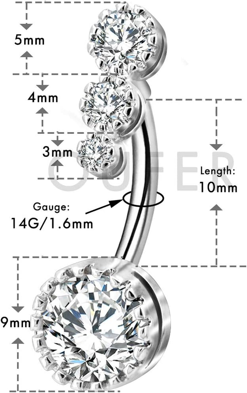 OUFER 3PCS Belly Button Rings, Clear CZ 316L Surgical Steel 14G Belly Rings Dangle Navel Rings Belly Rings Belly Piercing Jewelry