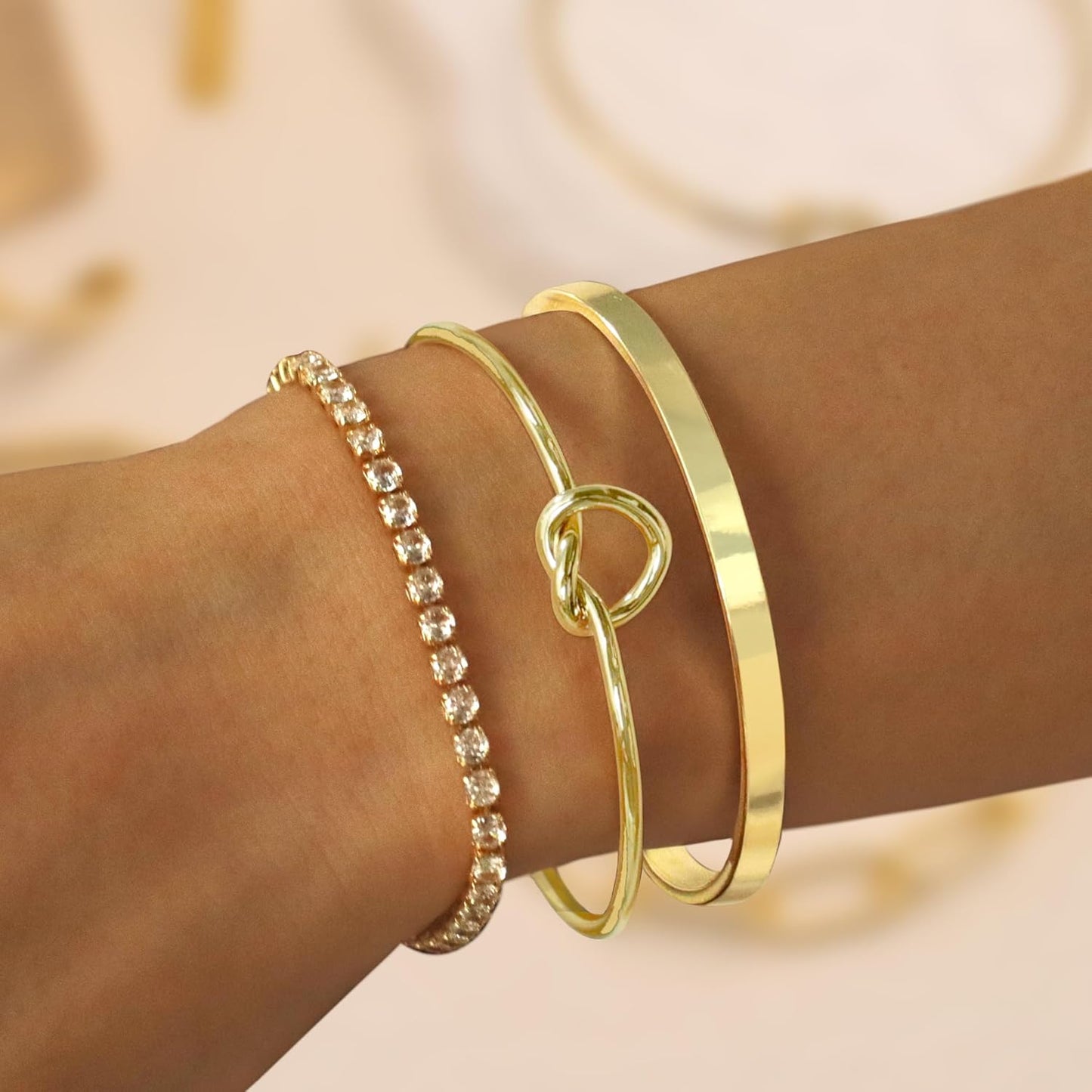 Christmas Stocking Stuffers Gold Bangle Cuff Knot Bracelet for Women Stack Non Tarnish Gold Plated Dainty Cubic Zirconia Tennis Bracelets Jewelry Set for Women Trendy