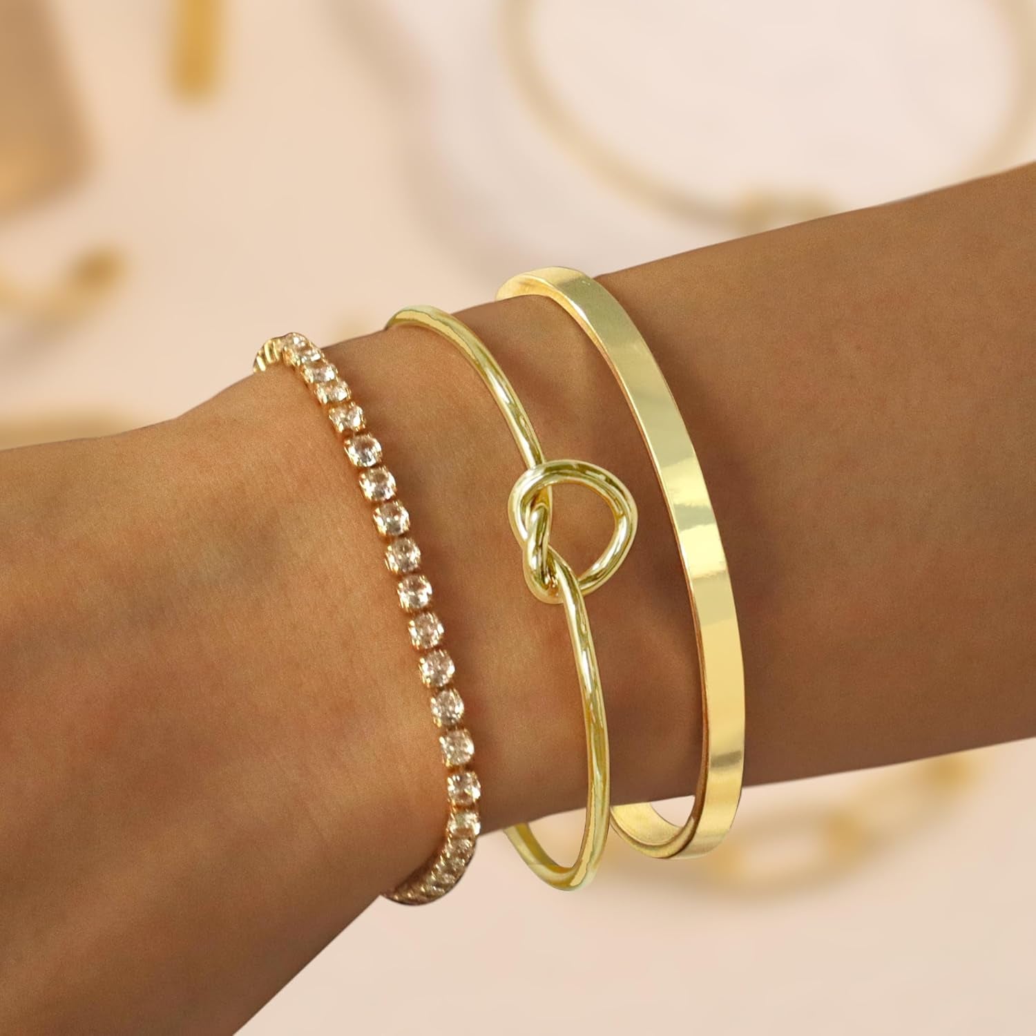 Christmas Stocking Stuffers Gold Bangle Cuff Knot Bracelet for Women Stack Non Tarnish Gold Plated Dainty Cubic Zirconia Tennis Bracelets Jewelry Set for Women Trendy