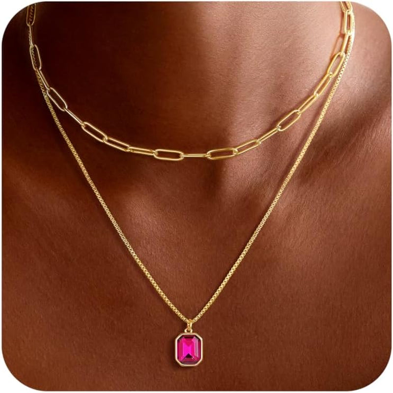 Christmas Gifts for Women Teen Girls - Birthstone Necklace for Women Girls Dainty Layered Gold Necklace for Women with 12 Month Rectangle Birthstone Pendant Paperclip Box Chain Choker Necklace