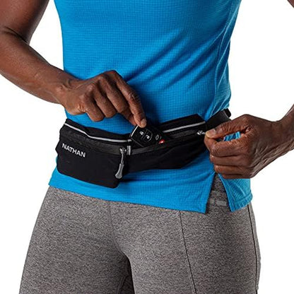 Nathan Mirage running belt flat lay displaying all features and pockets