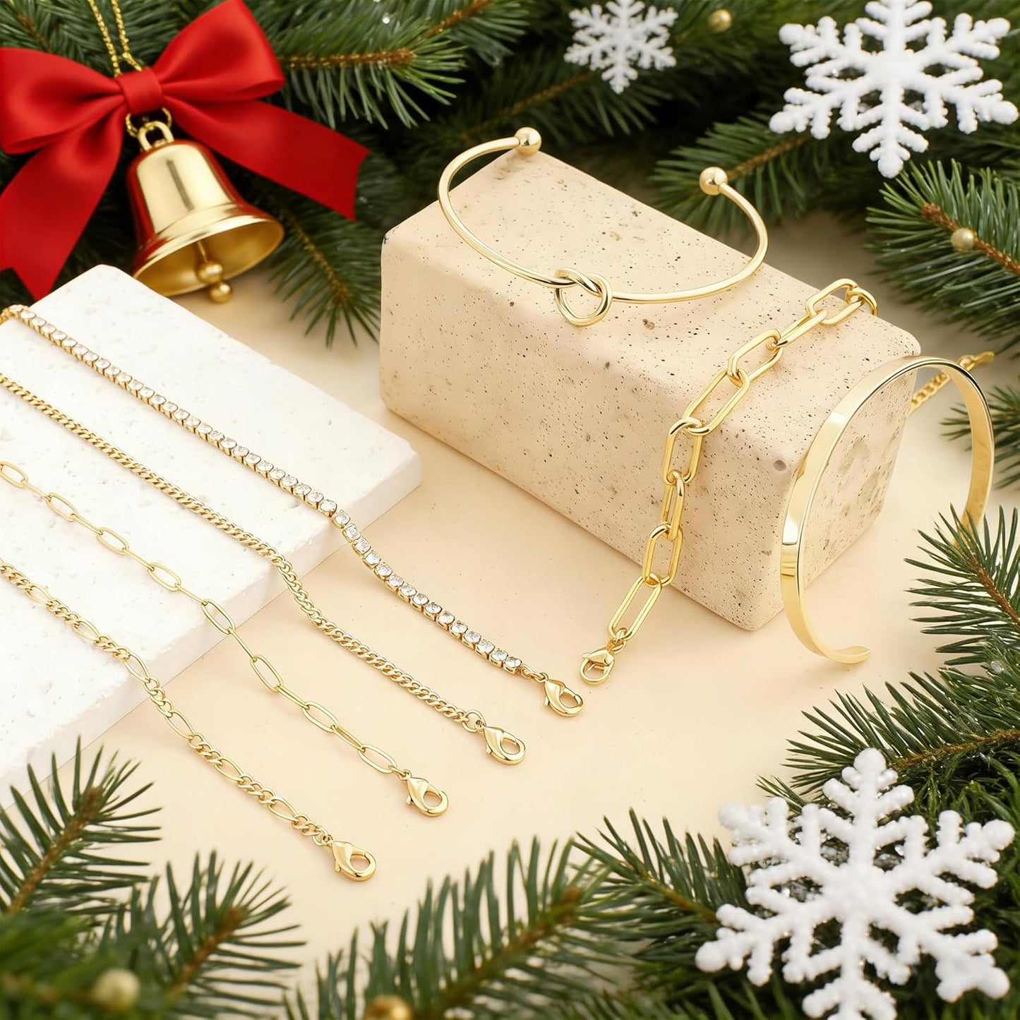 Christmas Stocking Stuffers Gold Bangle Cuff Knot Bracelet for Women Stack Non Tarnish Gold Plated Dainty Cubic Zirconia Tennis Bracelets Jewelry Set for Women Trendy