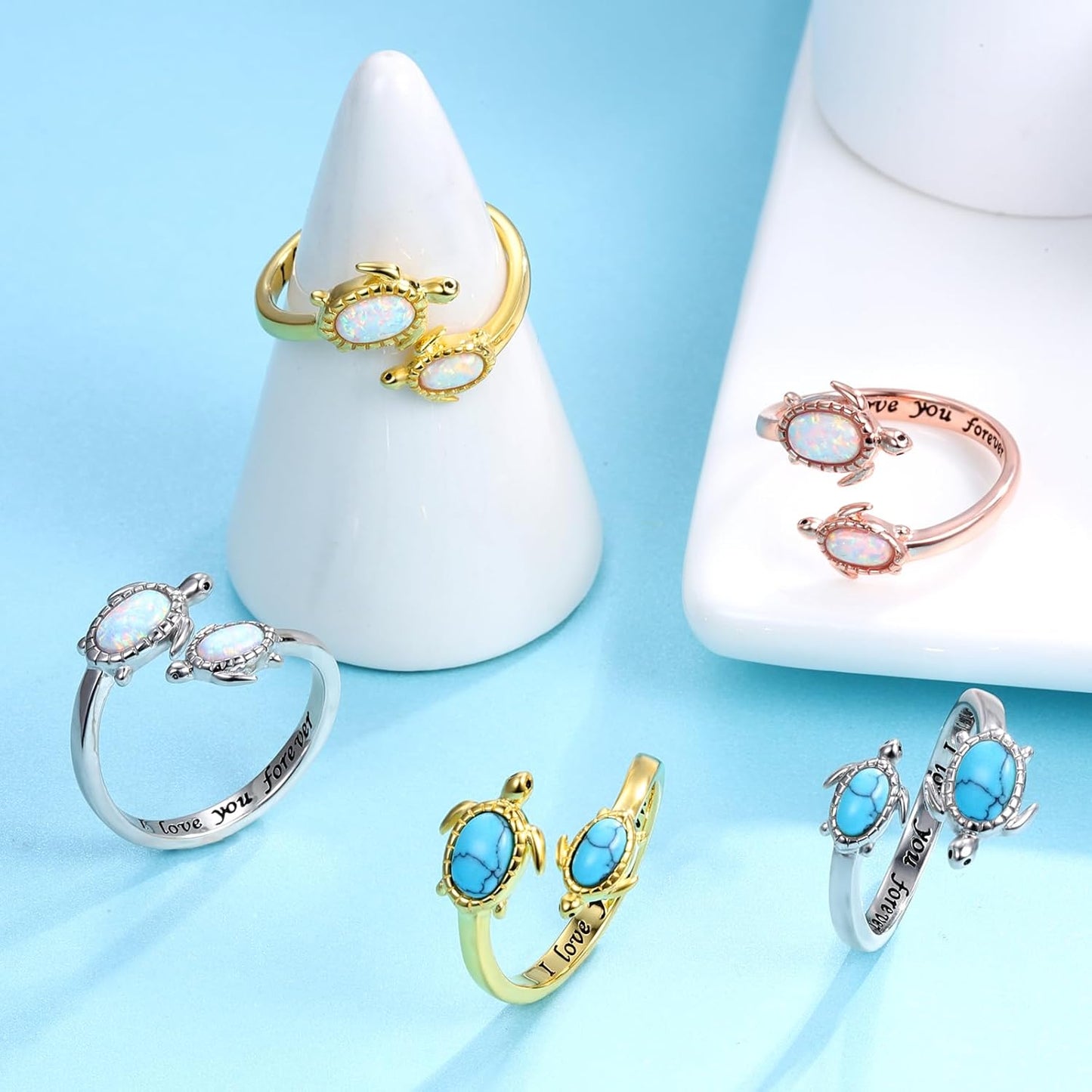 925-Sterling-Silver Opal/Turquoise Sea Turtle/Dolphin/Sea Life Ring - Inspirational I Love You Forever Adjustable Open Nature Ocean Mother Daughter Ring Cute Animal Jewelry Gifts for Women