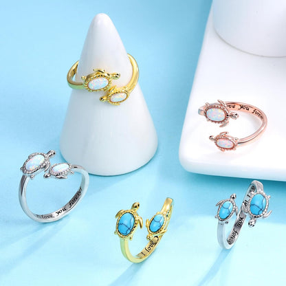 925-Sterling-Silver Opal/Turquoise Sea Turtle/Dolphin/Sea Life Ring - Inspirational I Love You Forever Adjustable Open Nature Ocean Mother Daughter Ring Cute Animal Jewelry Gifts for Women