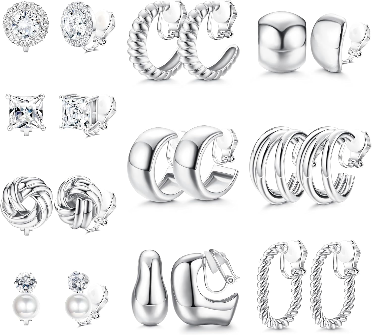 FIBO STEEL 10 Pairs Clip on Earrings for Women Non Pierced Ears CZ Pearl Knot Twist Chunky Hoop and Studs Earring Set Ear Clips Jewelry 14K Gold Plated