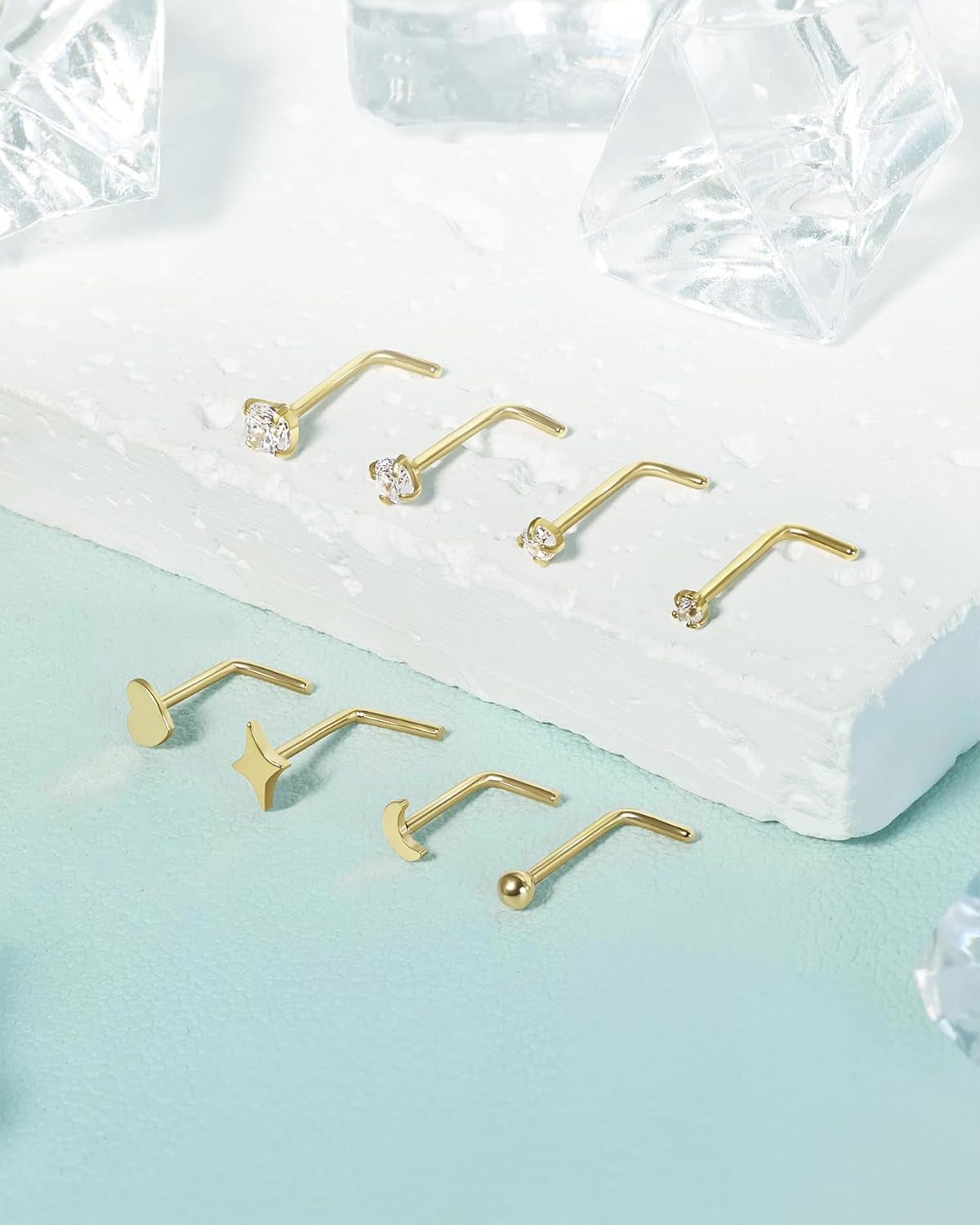 20G Nose Rings Stud for Women Surgical Steel Gold Silver Nose Ring L Shaped Corkscrew Nose Studs Hypoallergenic Small 1.5/2/2.5/3Mm CZ Cute Heart Star Moon Ball Nose Piercing Studs Jewelry Set 8Pcs