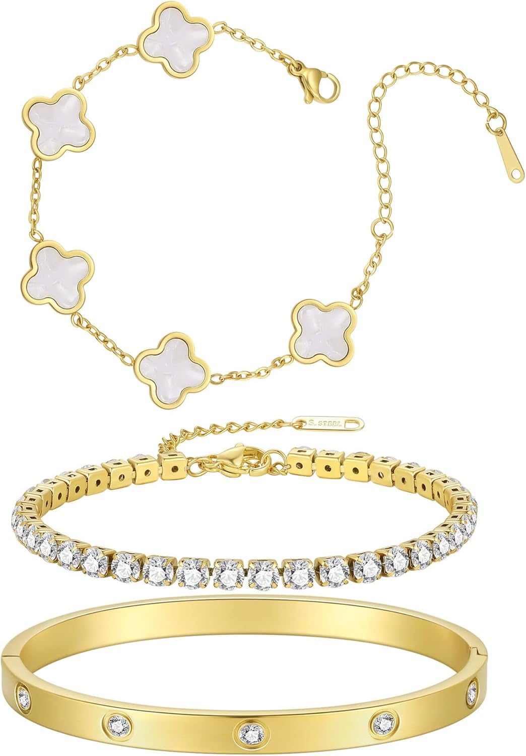 3Pcs 18K Gold Plated Love Bangle Clover Lucky Tennis Bracelets Set Non Tarnish Trendy Bracelet Jewelry Gifts for Women