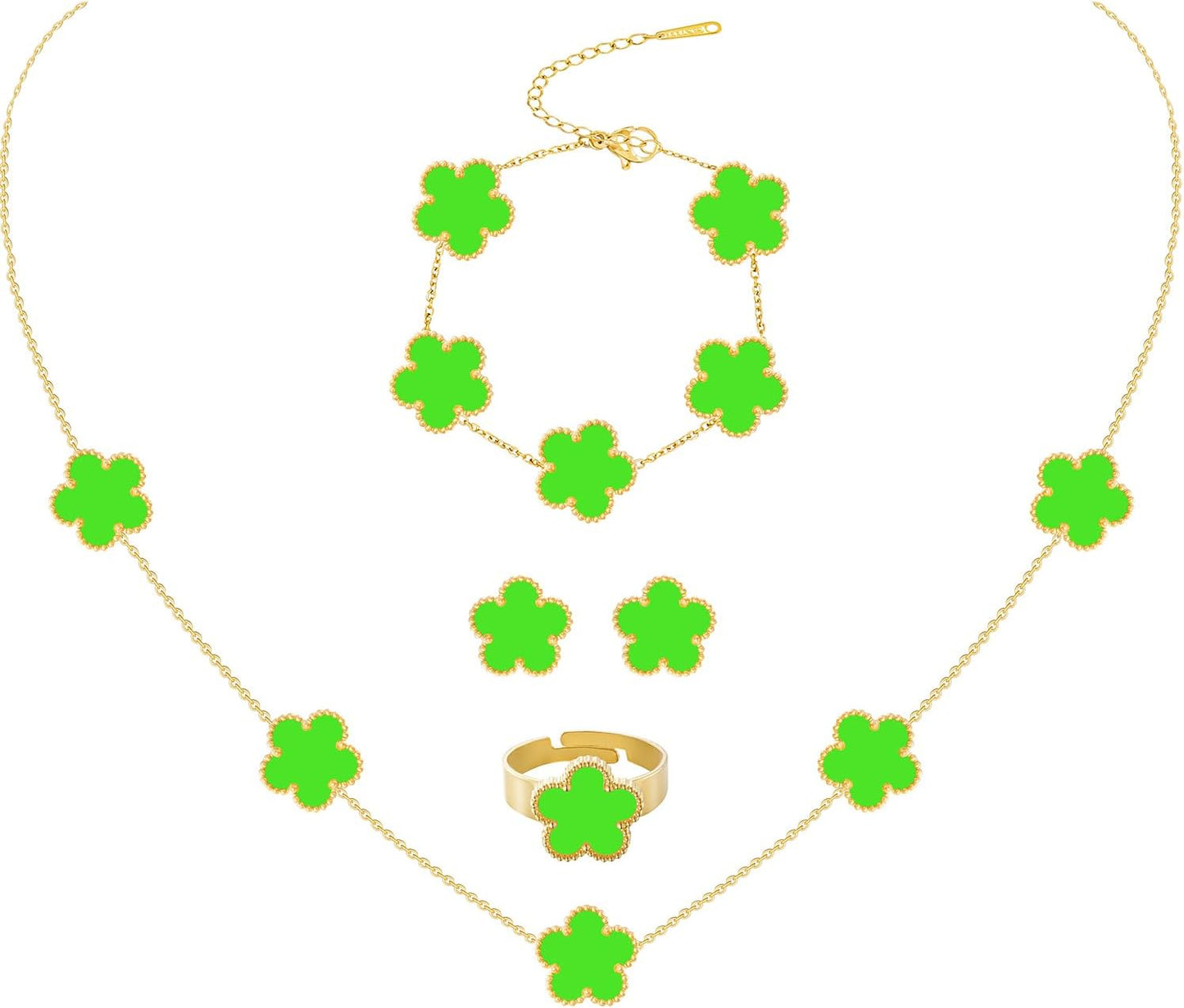 Gold Plated Stainless Steel Four Leaf Clover Bracelet Necklace Earrings and Ring Jewelry Set for Women