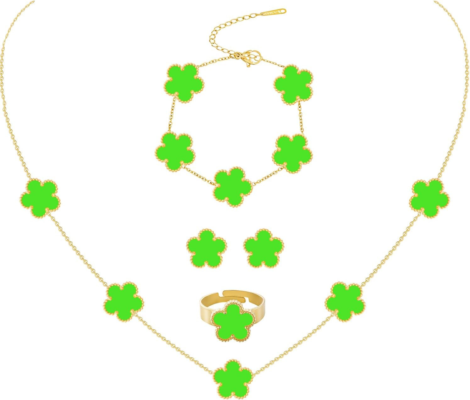 Gold Plated Stainless Steel Four Leaf Clover Bracelet Necklace Earrings and Ring Jewelry Set for Women