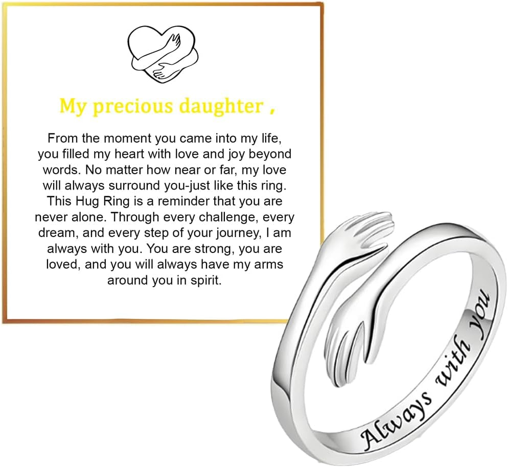 To My Daughter Hug Hope Rings, I Love You Foreve Motivational Stainless Steel Spiral Wrap Twist Open Adjustable Healing Ring Inspirational Gift Jewelry