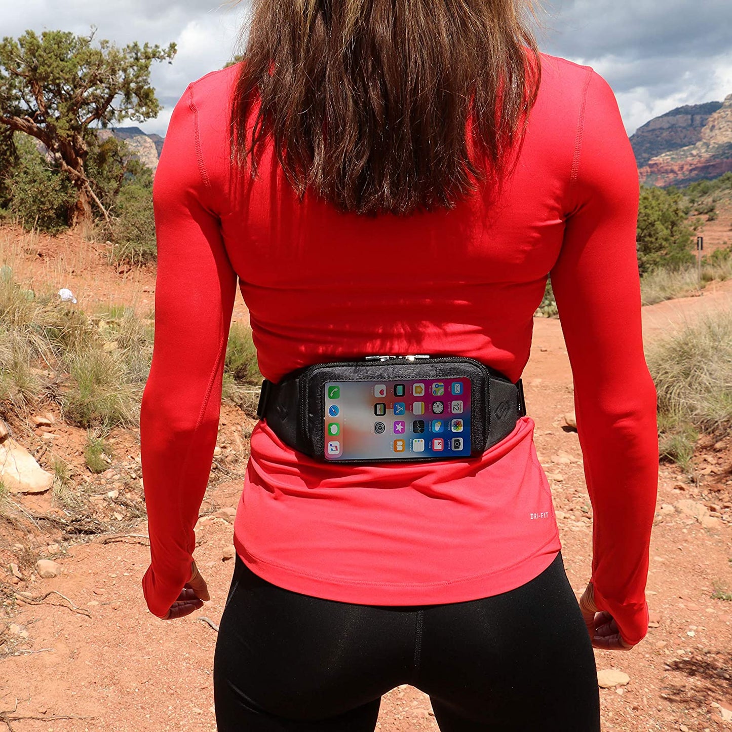 Close-up of touch screen compatible phone pocket on running belt